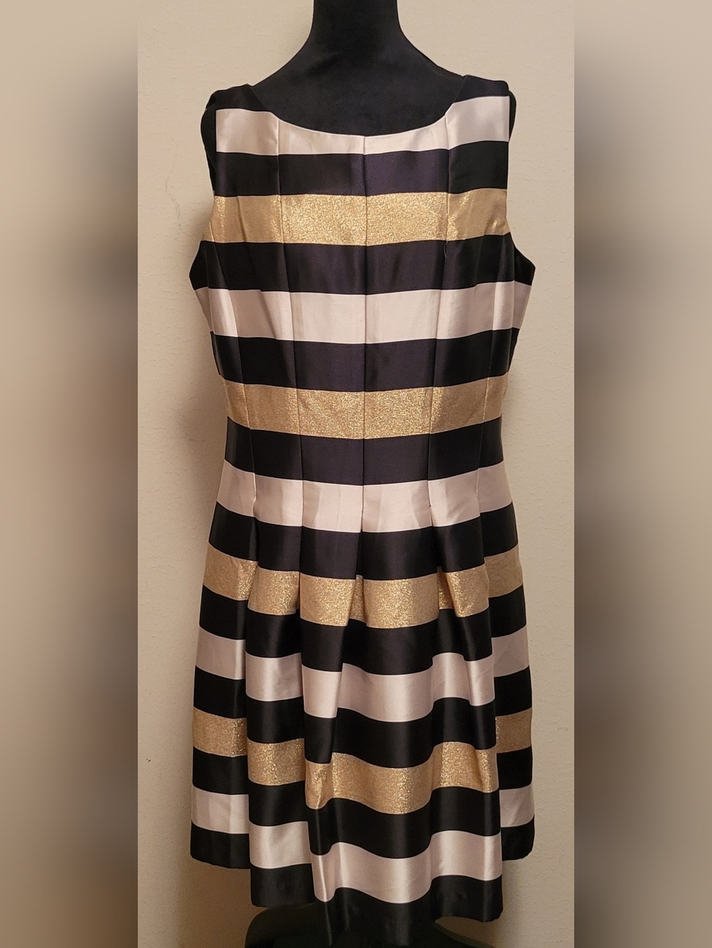 Chetta B Black, White & Gold Striped Sleeveless Fit-and-Flare Dress